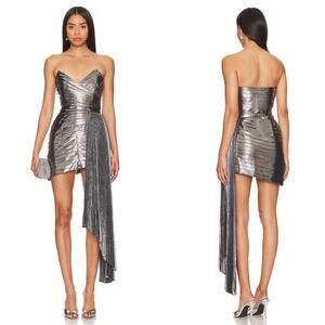 RETROFETE Kenzie Ruched Pleated Draped Strapless Mini Dress with Train Sz Small